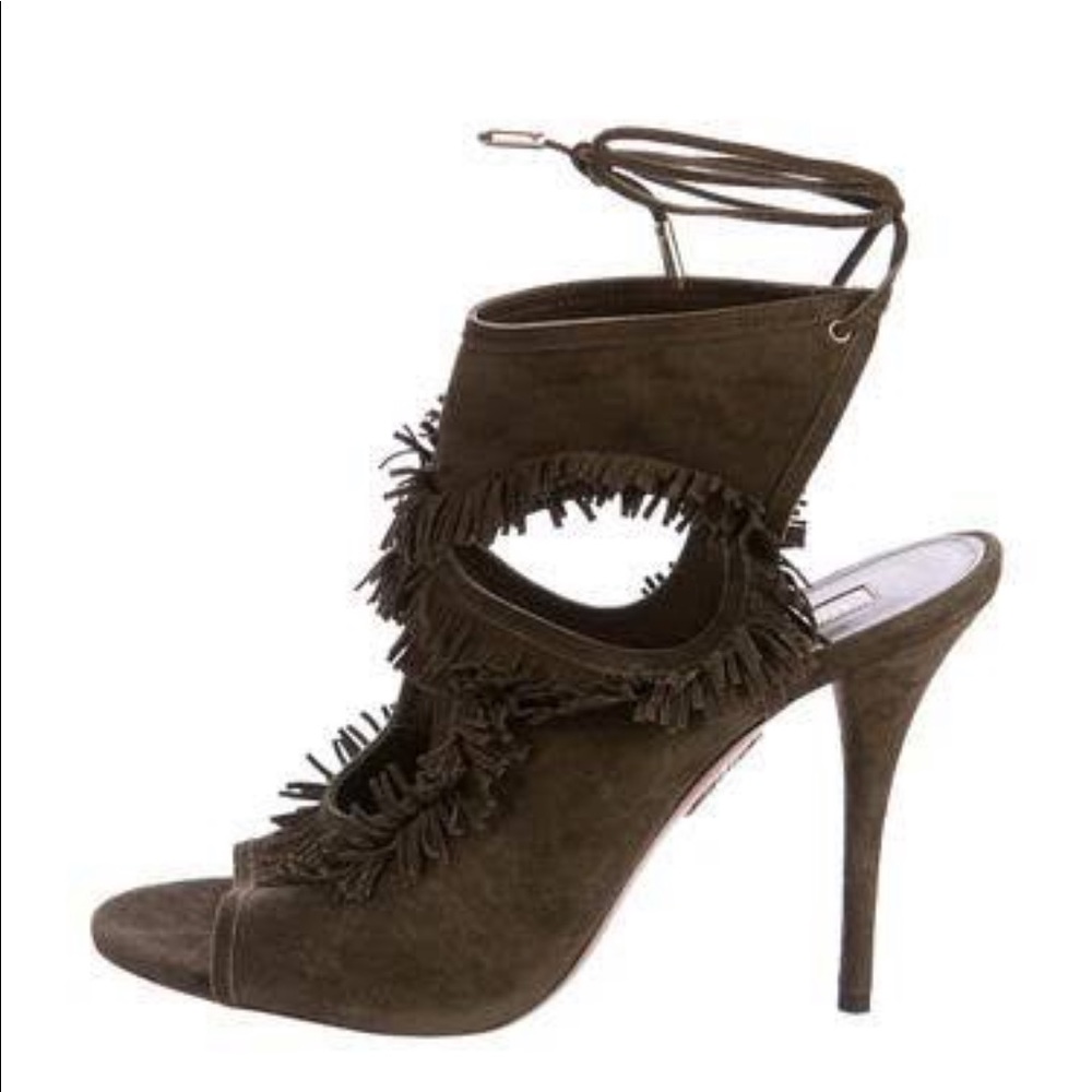 Aquazzura Olive Brown Suede Fringe Ankle-Tie Stiletto Heels